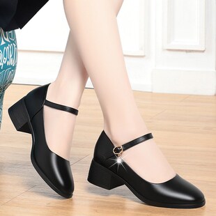 配旗袍的鞋子真皮软底皮鞋中跟一字带单鞋走秀中跟鞋女不累脚女鞋