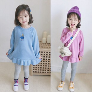 女童长袖连衣裙2023春装新款韩版荷叶边中长款卫衣裙小女孩公主裙