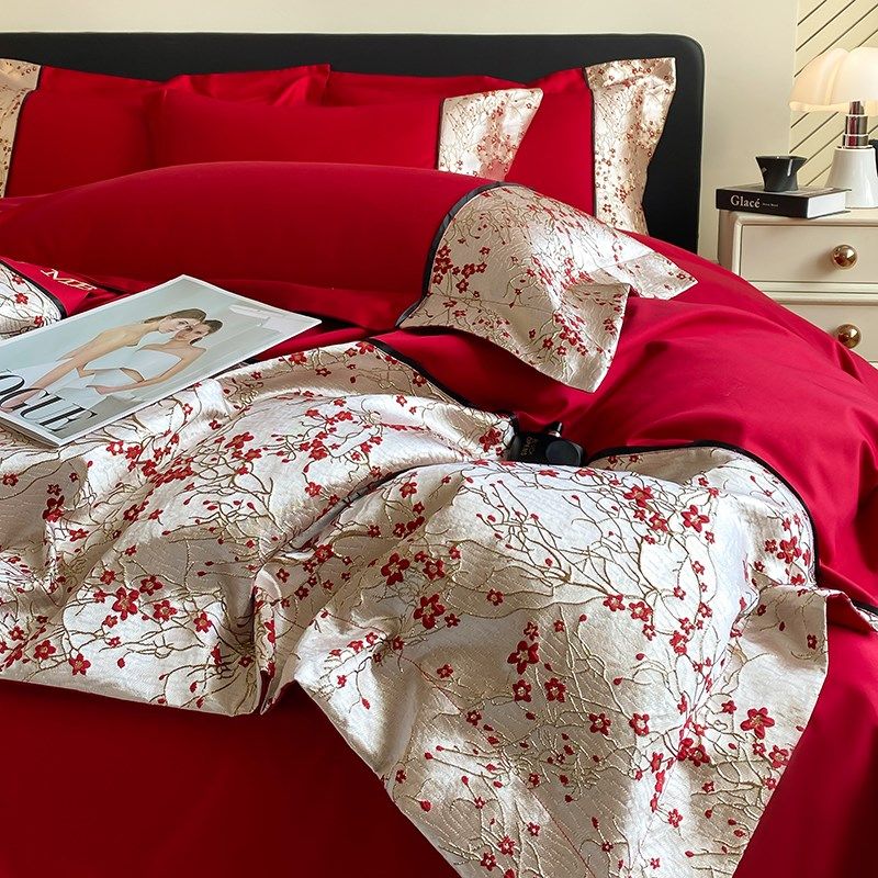 高端婚庆纯棉四件套结婚红色全棉被套床笠喜被新婚庆陪嫁床上用品