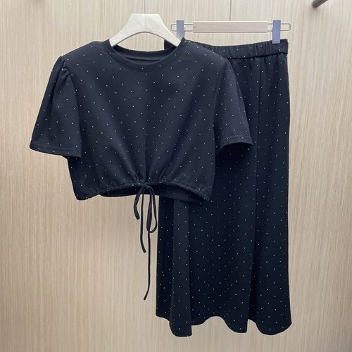 时尚重工烫钻套装女2024夏季新款宽松显瘦高腰T恤+半身裙两件套