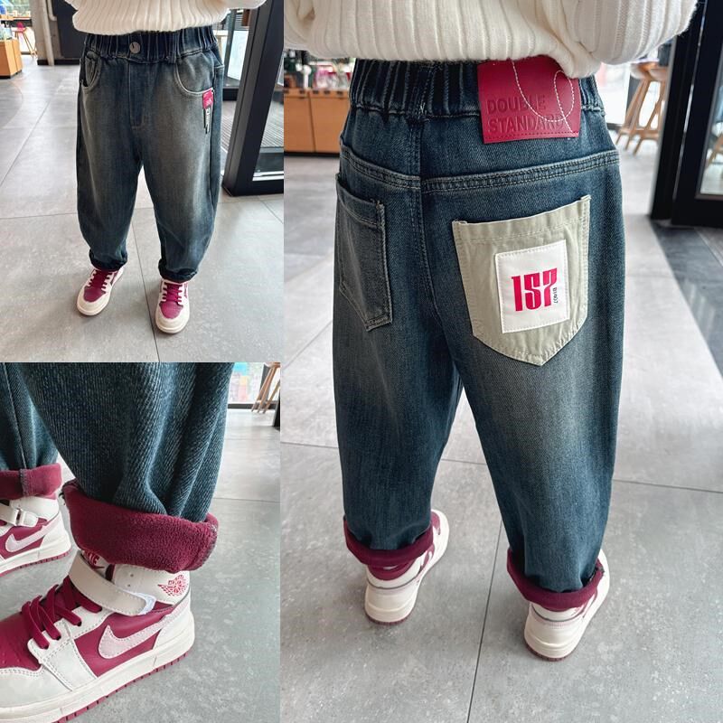 版型超赞~男童洋气加绒软牛仔裤2024冬季新款儿童百搭一体绒裤子