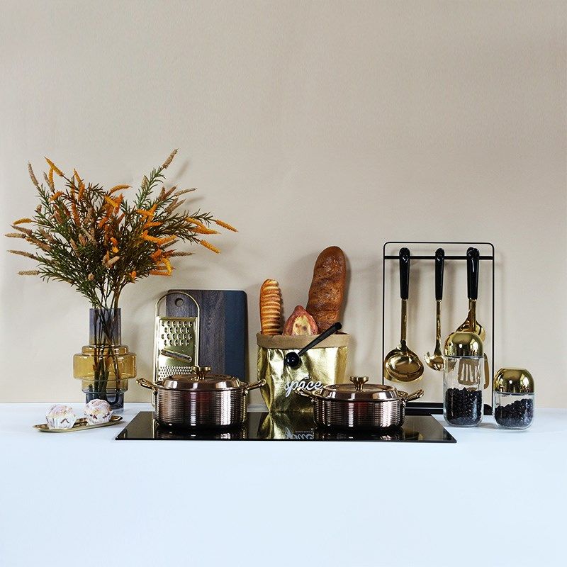 样板房间展厅厨房摆件套装金色厨具软装饰品组合轻奢现代餐桌花瓶,家居饰品,家饰软装搭配套装,淘宝优惠券,粉丝福利购,淘宝优惠卷