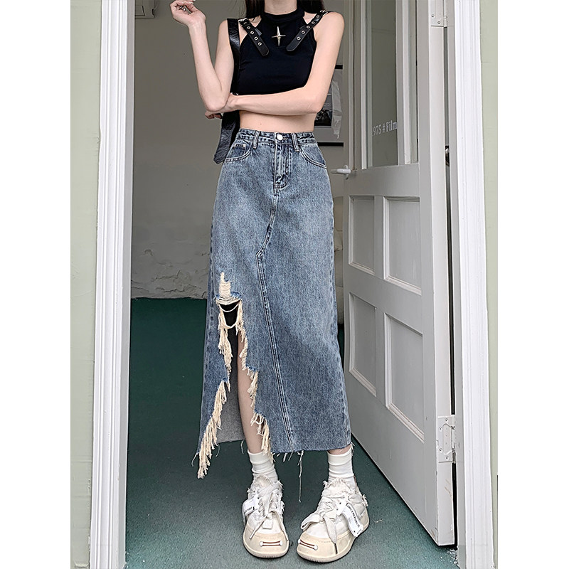 辣妹不规则破洞牛仔半身裙女高腰夏季新款大码显瘦中长款a字裙子