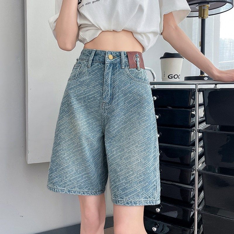 复古高腰牛仔五分裤短裤女款夏季设计感小众宽松浅蓝色直筒裤裤子