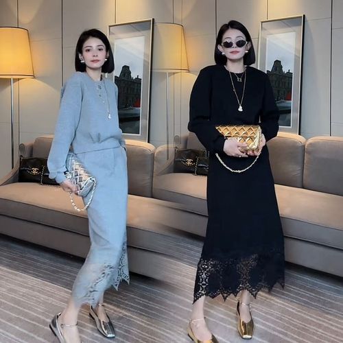 时尚套装网红爆款欧货洋气显瘦蕾丝美背卫衣设计感中长款半身裙女