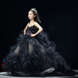 儿童高端礼服黑色大气拖尾长裙女童霸气走秀钢琴演出主持人演出服