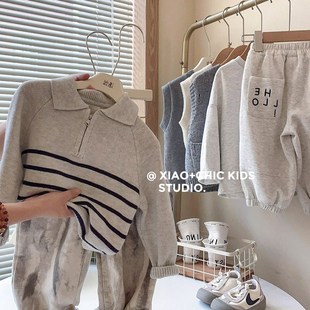 韩系慵懒风~儿童秋装气质棉纱条纹套头毛衣翻领针织衫男童上衣