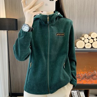 秋冬季户外抓绒衣女款连帽加绒加厚开衫I运动休闲宽松卫衣保暖外