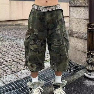 男女潮宽松休闲直筒短裤 迷彩七分裤 街头复古破坏水洗口袋工装 美式