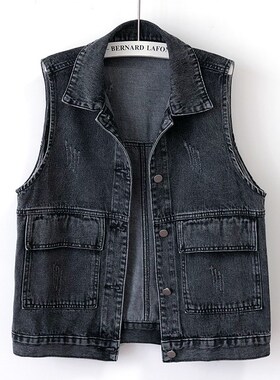 黑色休闲牛仔马甲女士背心复古2024春秋季新宽松大码外套马夹无袖