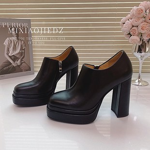 鞋子新款2023爆款女配裙子高跟鞋春秋小个子防水台粗.跟深口单鞋