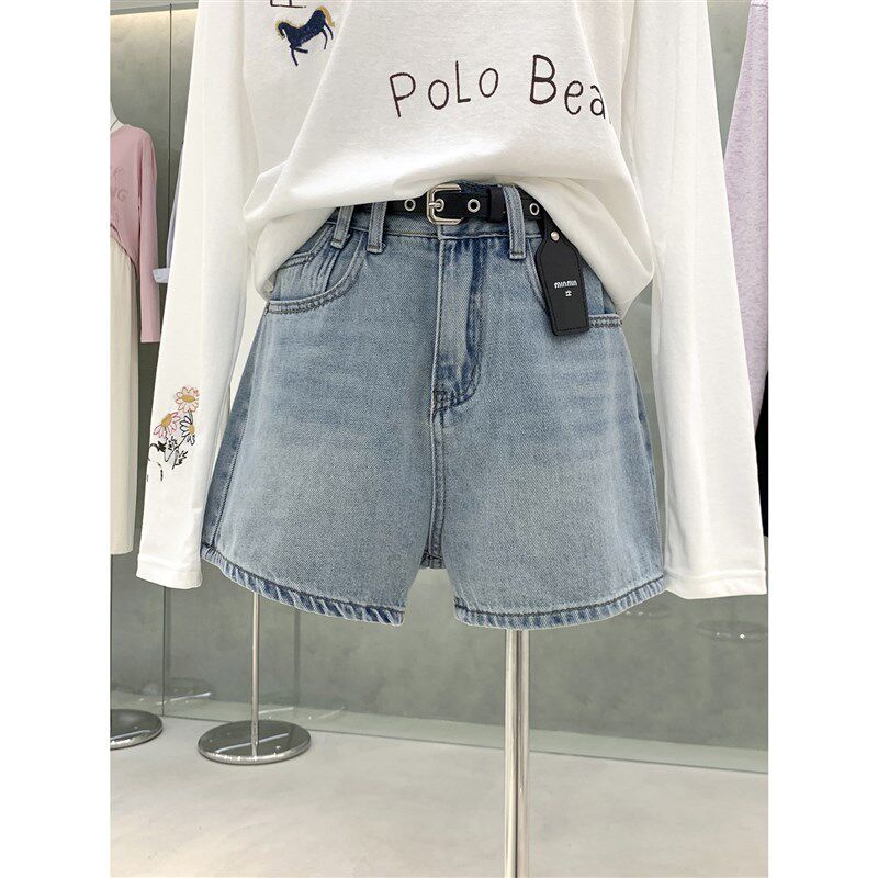 显腿长神裤~韩系复古高腰牛仔短裤春夏新款显瘦A字热裤配腰带女款