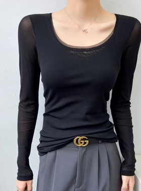 黑色低领蕾丝打底衫2024新款春秋薄款内搭u领网纱上衣长袖t恤女透