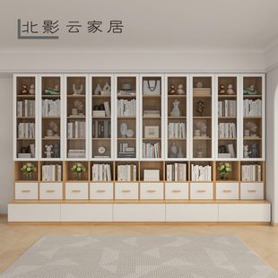 去客厅化书房书柜整墙一体到顶书橱玻璃门定制置物柜现代背景墙