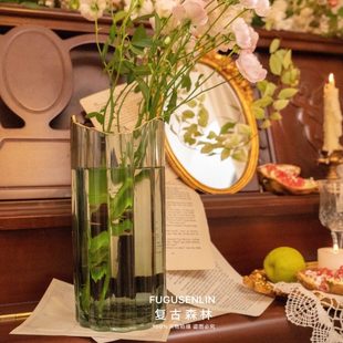 饰摆件 描复古森林金插花直筒玻璃花瓶复古北欧轻奢异形花器家居装