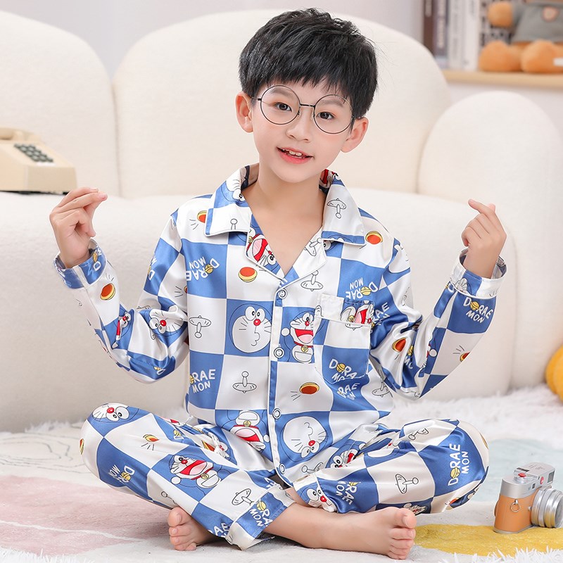 儿童冰丝睡衣春秋男童长袖卡通家居服薄款小男孩丝绸宝宝大童夏季