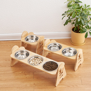宠她猫碗陶瓷双碗斜口保护颈椎猫食盆防打翻宠物狗碗可调节竹木架