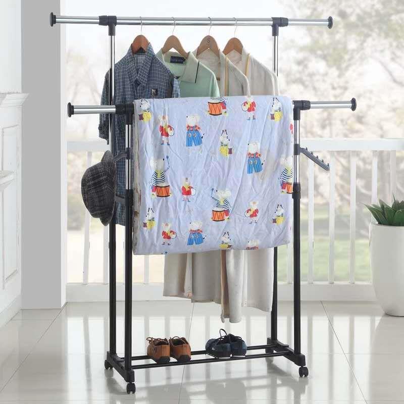 伸缩双杆晾衣杆家居简易组装多功能升降晾晒衣架落地带万向轮鞋架