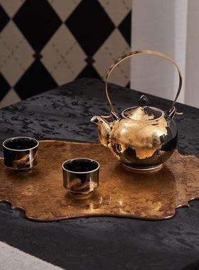 金色茶壶新中式茶具套装宋式美学酒店办公室茶室茶台桌面软装饰品