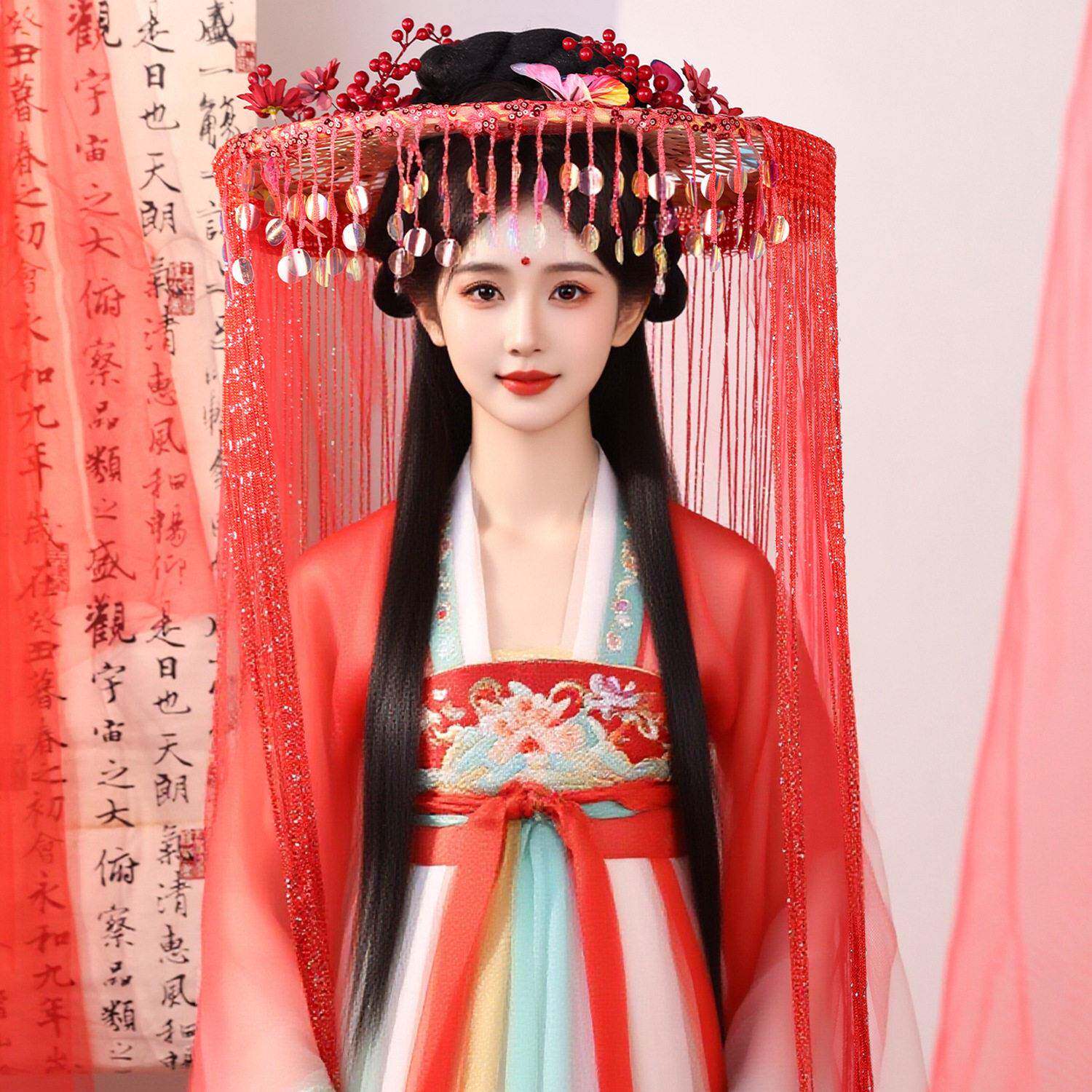 红色长纱流苏竹笠帷帽古风发饰幕篱仙侠气斗笠走秀道具汉服头饰女