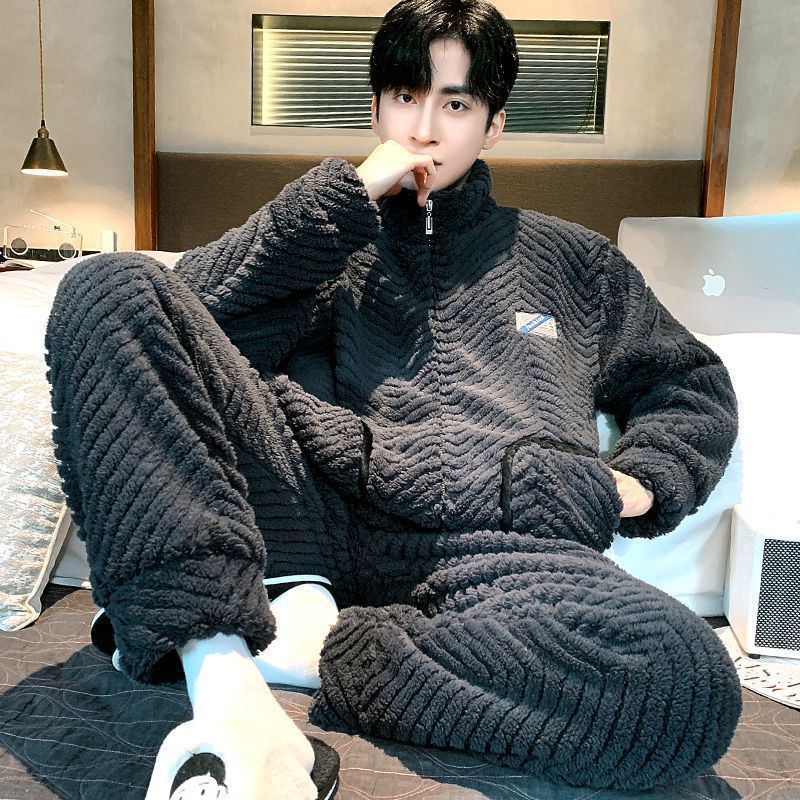 男款珊瑚绒暖绒家居服宽松可外穿秋冬季大码宽松加绒法兰绒睡衣