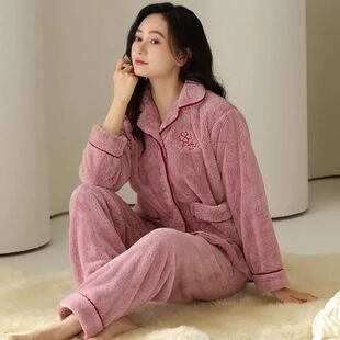 冬季珊瑚绒睡衣加厚保暖女款冬法兰绒冬天加大码中老年家居服套装