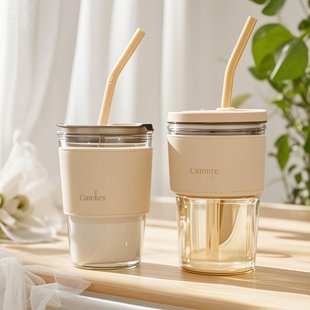 高颜值网红竹节杯吸管玻璃杯简约轻奢咖啡杯水杯 新店福利品