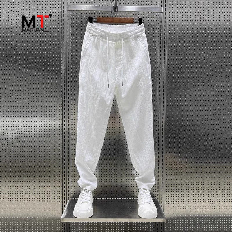 潮牌亚麻休闲裤男士夏季薄款2024年新款冰丝宽松直筒棉麻裤子男款