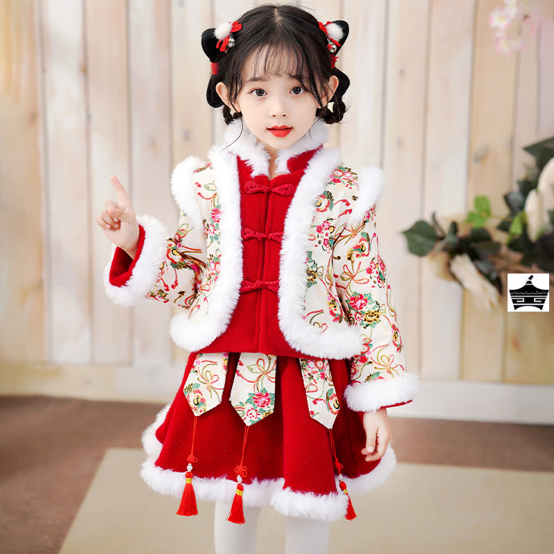 女童汉服冬装连衣裙儿童冬天新年服装拜年服2023新款唐装裙子加厚