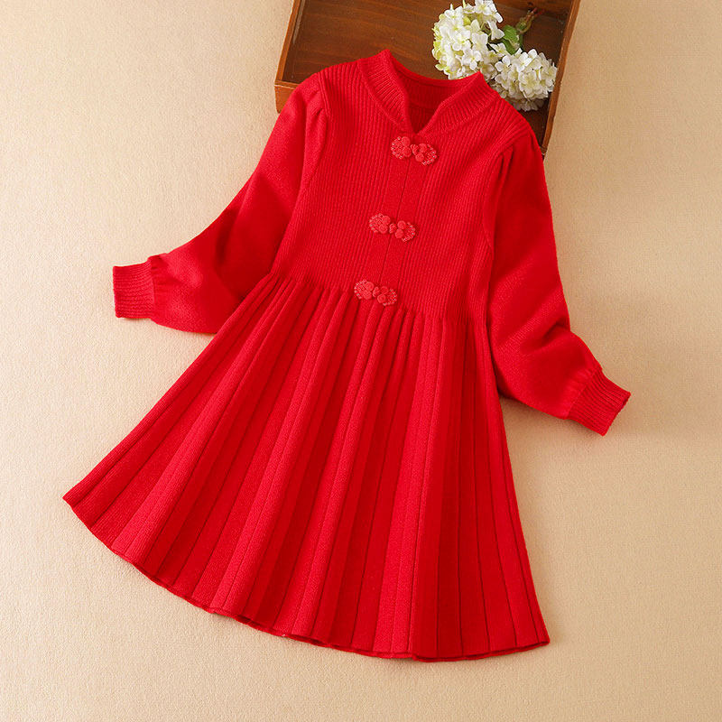 女童洋装秋冬新款新年衣服儿童毛衣裙女孩宝宝红色拜年裙子加绒