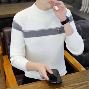 冬季男士潮流半高领毛衣青年加厚保暖条纹针织衫内搭休闲打底线衣