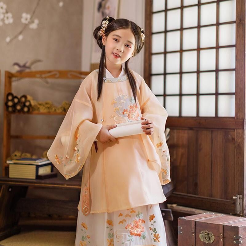 汉服女童装阮月圆领大襟衫中国风儿童汉服连衣裙小女孩宝宝唐装秋
