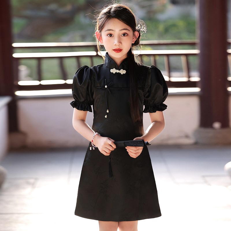 女童旗袍黑色儿童中国风洋气公主礼服裙泡泡袖夏季小孩改良连衣裙