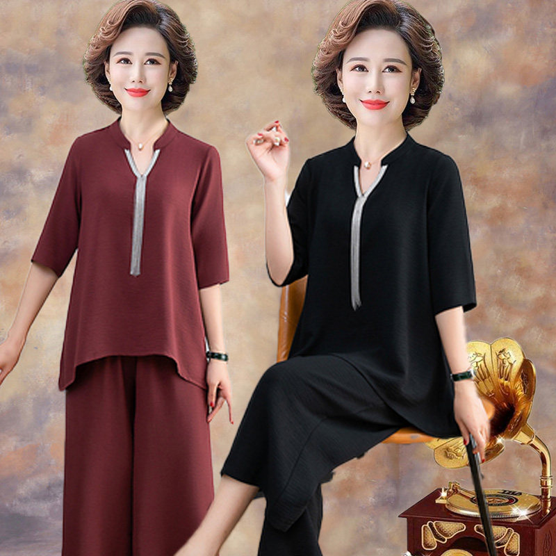 老人衣服女加肥胖妈妈装夏装洋气套装时尚大O码中老年阔腿裤两件