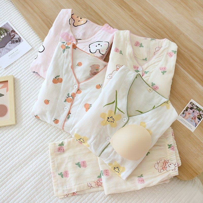 带胸垫睡衣女纯棉双层纱布薄款开襟夏季长袖免文胸家居服两件套,女士内衣/男士内衣/家居服,睡衣/家居服套装,淘宝优惠券,粉丝福利购,淘宝优惠卷