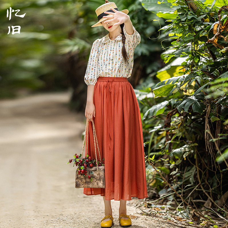 现货【柿红棉白】文艺百搭半身裙女春季2024年新款大码纯棉长裙子