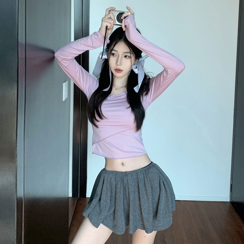 纯欲甜辣套装舞曲交叉v领长袖设计感T恤配芭蕾少女半身裤裙两件套