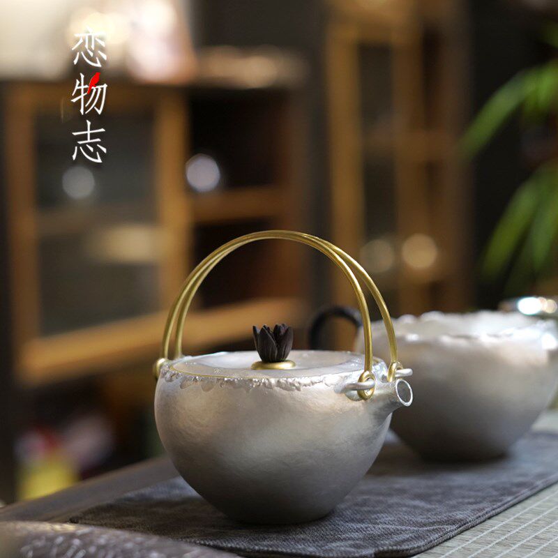 纯银999泡茶壶公道杯日式复古纯手工家用茶具斗笠双提梁银壶 素月