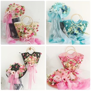 重手工花朵草编包女沙滩编织草包帽一套度假旅游拍照橱窗礼物走秀