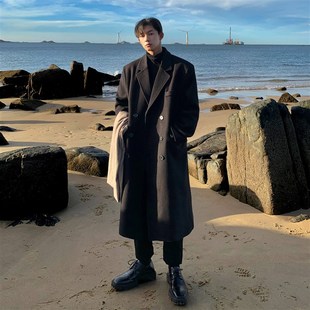 黑色中长款毛呢大衣男秋冬季棉外套高级感韩版加厚英伦风呢子风衣