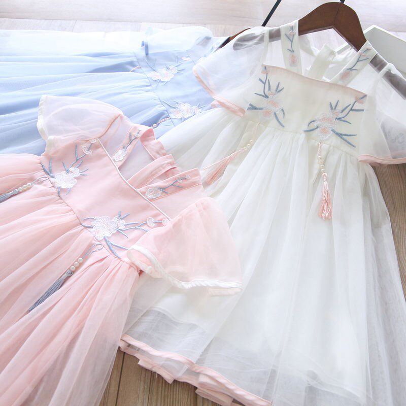 夏季上新女童中国古风绣花串珠吊坠网纱雪纺汉服短袖连衣裙