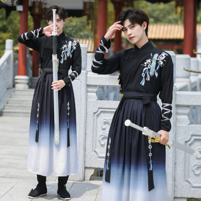 中国风汉服男款新武侠民族风演出服古装学生班服青少年黑色舞台服