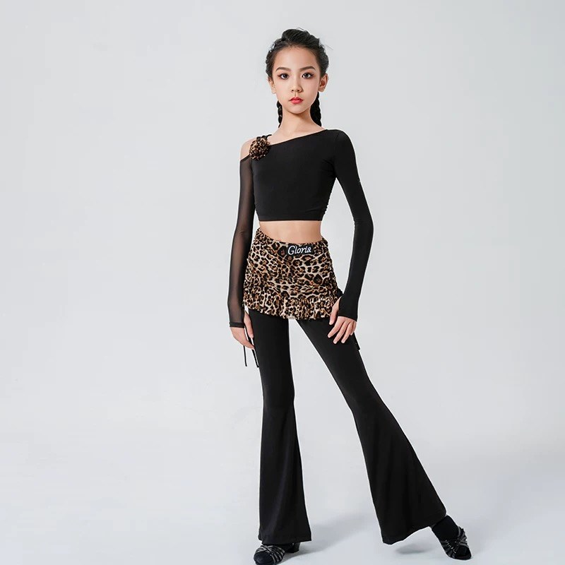 2024拉丁舞服女 童秋款露肩上衣裙摆拼接喇叭长裤套装练功舞蹈服