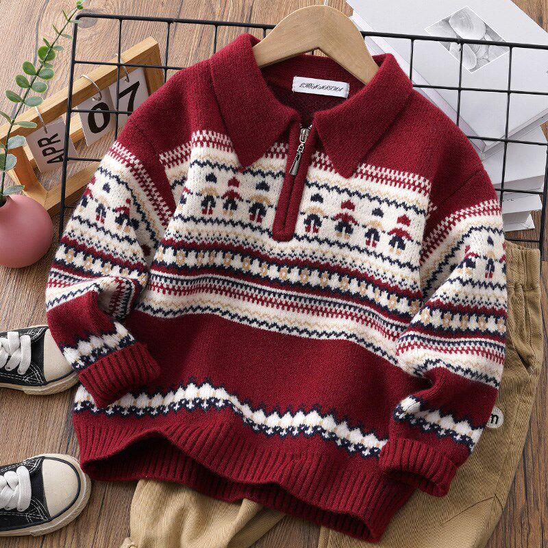 男童红色毛衣秋冬款2024新款儿童冬季加厚针织衫男孩套头线衣洋气