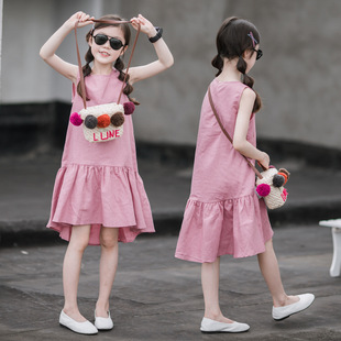 大女童背心裙无袖棉布夏季韩版母女亲子童装纯色荷叶边儿童连衣裙