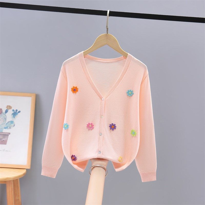 女童薄款针织开衫白色上衣防晒衣女孩长袖空调衫纯棉宽松慵懒风