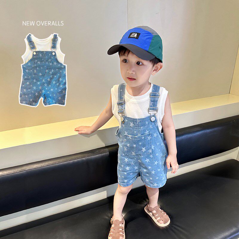 软牛仔背带裤!男女宝宝夏季新款蓝色牛仔短裤婴儿夏款休闲五分裤