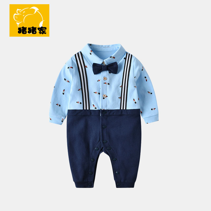 婴儿连体衣男童2021秋装满月外出服宝宝绅士衣服百天周岁礼服潮