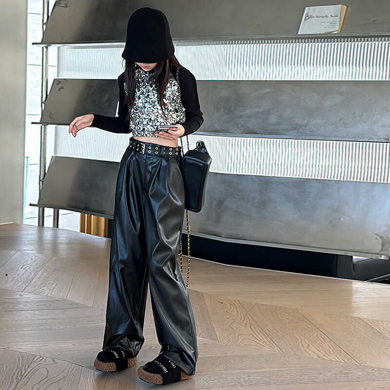 女童长袖亮片长袖打底衫短款上衣2025新款女孩秋装休闲皮裤两件套