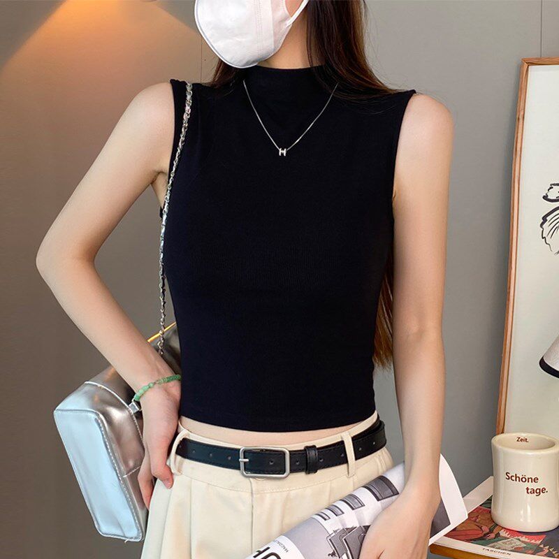 螺纹黑色半高领无袖吊带背心女春夏外穿短款内搭中领紧身打底上衣